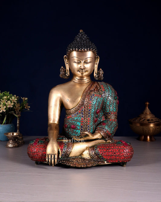 Brass Buddha with copper wire tibetan stonework Statue | 14 inch - Budhshiv.com