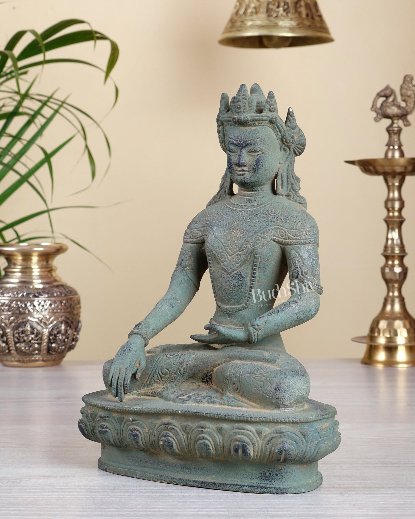 Brass Buddha with Crown – Green Patina Finish Tibetan Masterpiece - Budhshiv.com