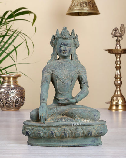 Brass Buddha with Crown – Green Patina Finish Tibetan Masterpiece - Budhshiv.com