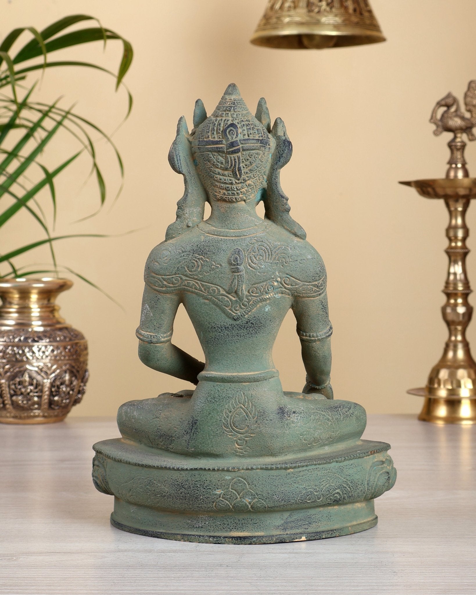 Brass Buddha with Crown – Green Patina Finish Tibetan Masterpiece - Budhshiv.com