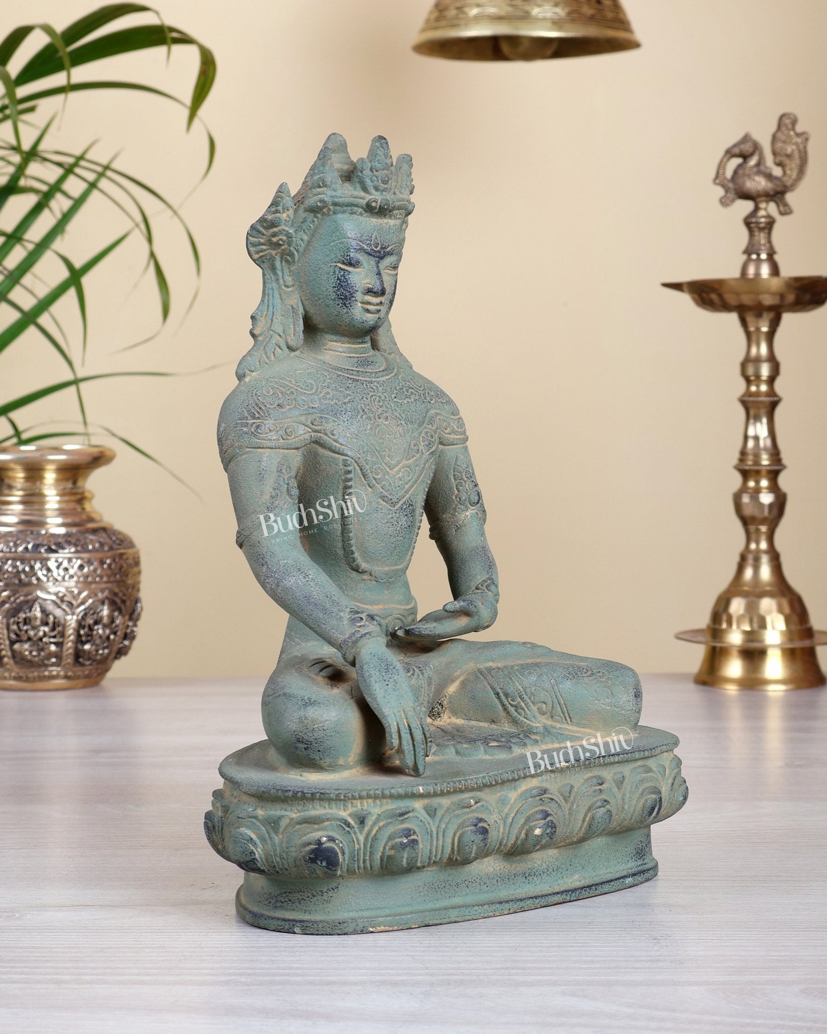 Brass Buddha with Crown – Green Patina Finish Tibetan Masterpiece - Budhshiv.com