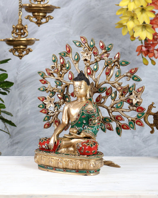 Brass Buddha with Kalpavriksha Bodhi Tree Set | Meenakari Stonework Spiritual Décor 13 inch - Budhshiv.com