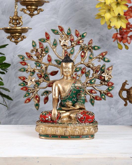 Brass Buddha with Kalpavriksha Bodhi Tree Set | Meenakari Stonework Spiritual Décor 13 inch - Budhshiv.com