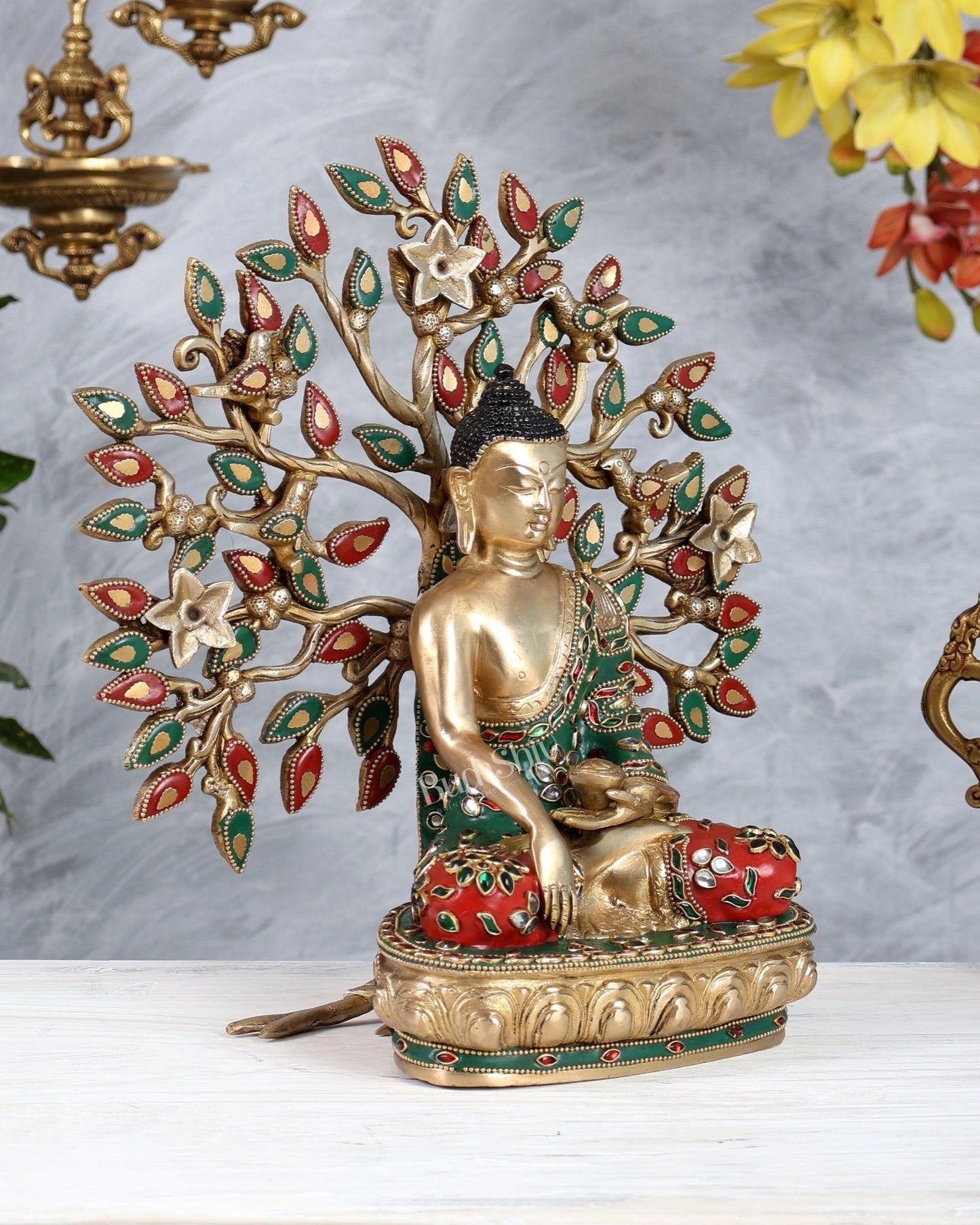 Brass Buddha with Kalpavriksha Bodhi Tree Set | Meenakari Stonework Spiritual Décor 13 inch - Budhshiv.com