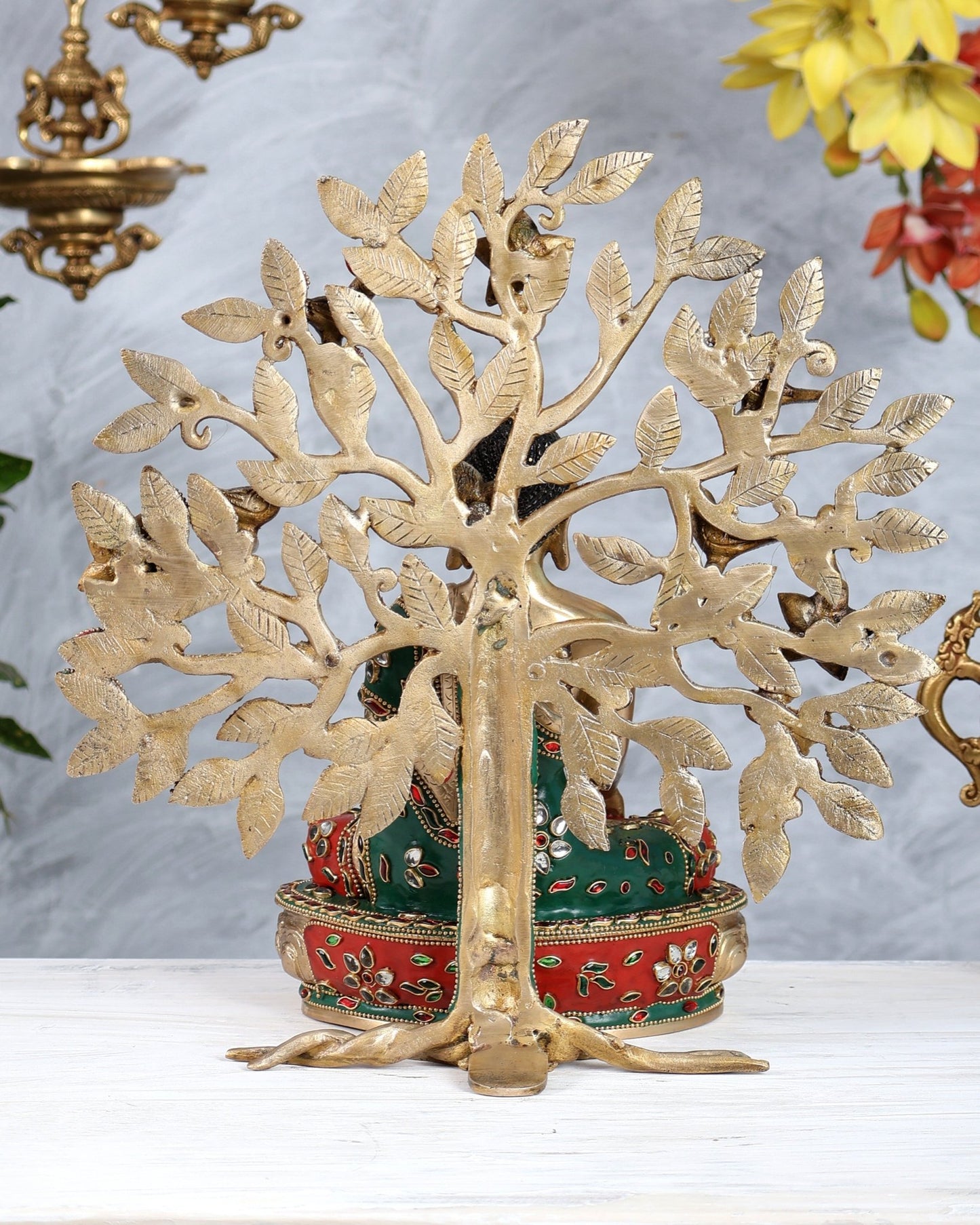 Brass Buddha with Kalpavriksha Bodhi Tree Set | Meenakari Stonework Spiritual Décor 13 inch - Budhshiv.com
