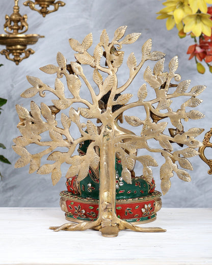 Brass Buddha with Kalpavriksha Bodhi Tree Set | Meenakari Stonework Spiritual Décor 13 inch - Budhshiv.com