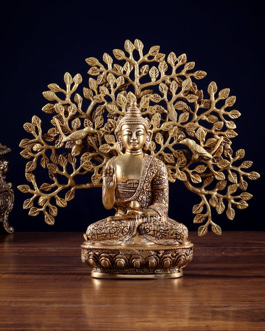 Brass Buddha with Kalpavriksha Tree Combo 11 inch - Budhshiv.com