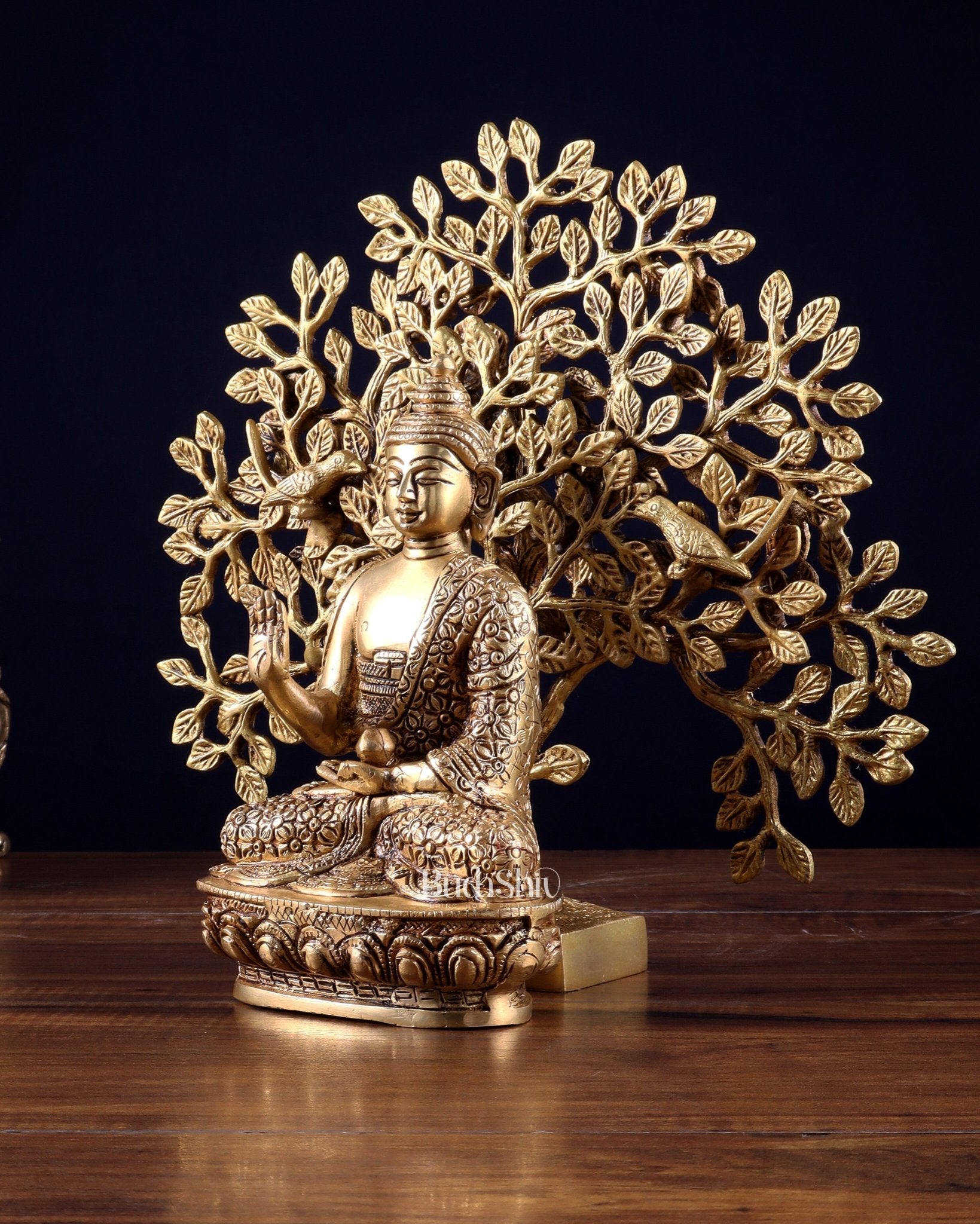 Brass Buddha with Kalpavriksha Tree Combo 11 inch - Budhshiv.com