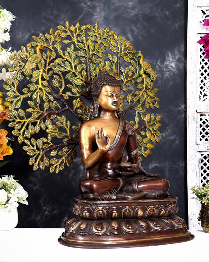Brass Buddha with Kalpavriksha Tree — Three-Tone Heat-Treated Finish 26 inch - Budhshiv.com