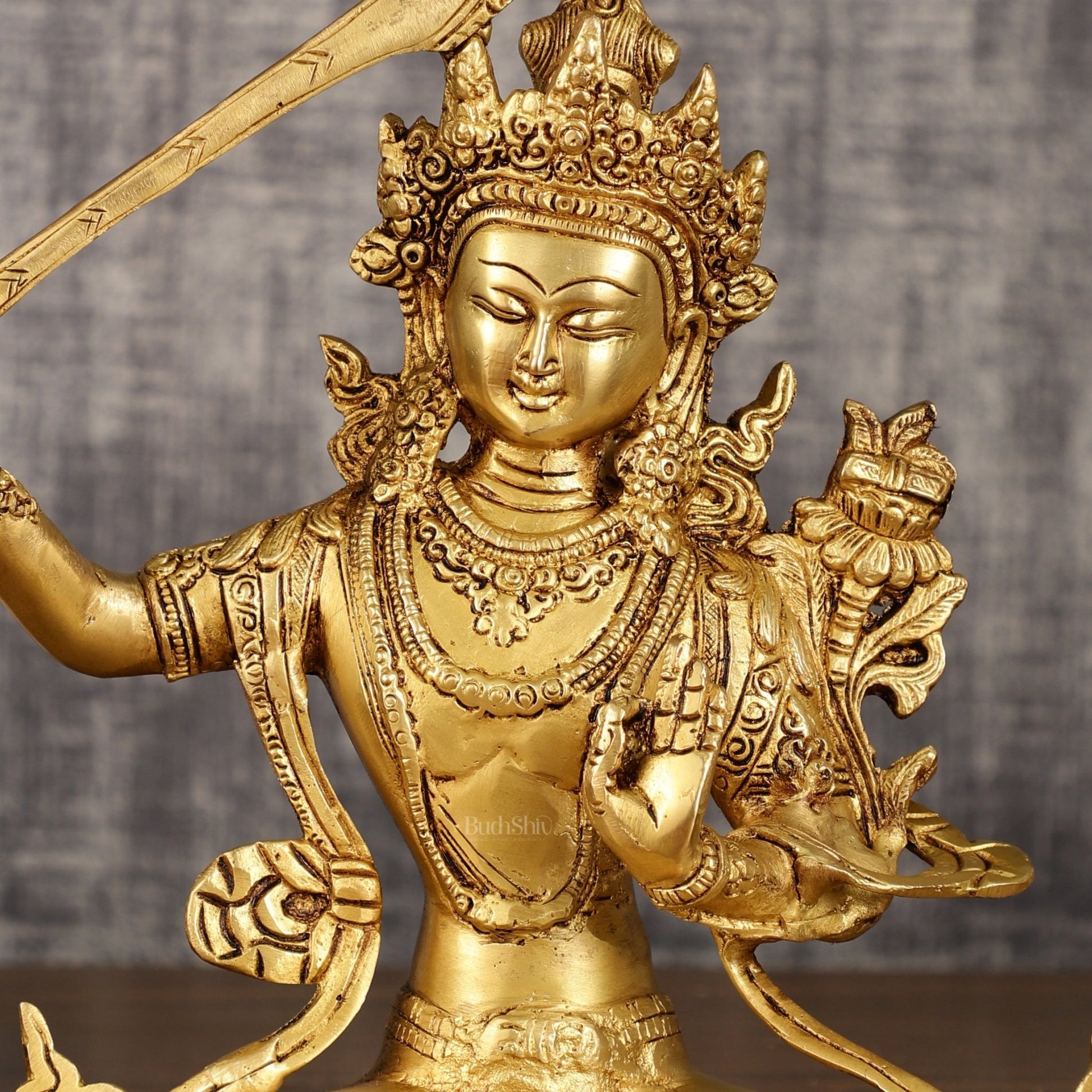 Brass Buddhist Deity Manjushri Statue | 10 Inch Height | 3 KG - Budhshiv.com