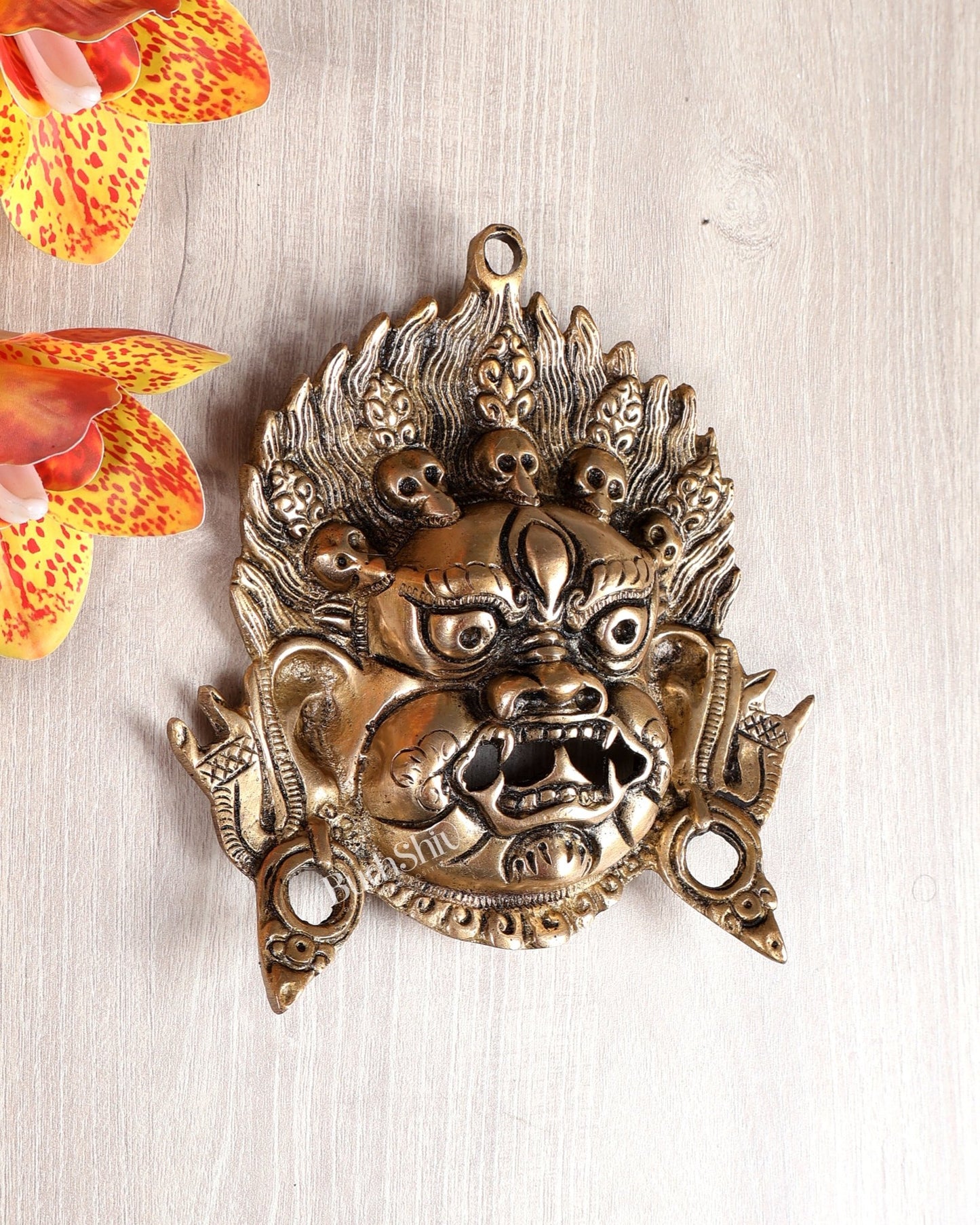 Brass Buddhist Mahakal Face Wall Hanging – Protective Tibetan Decor Mask (6.5 Inches) - Budhshiv.com