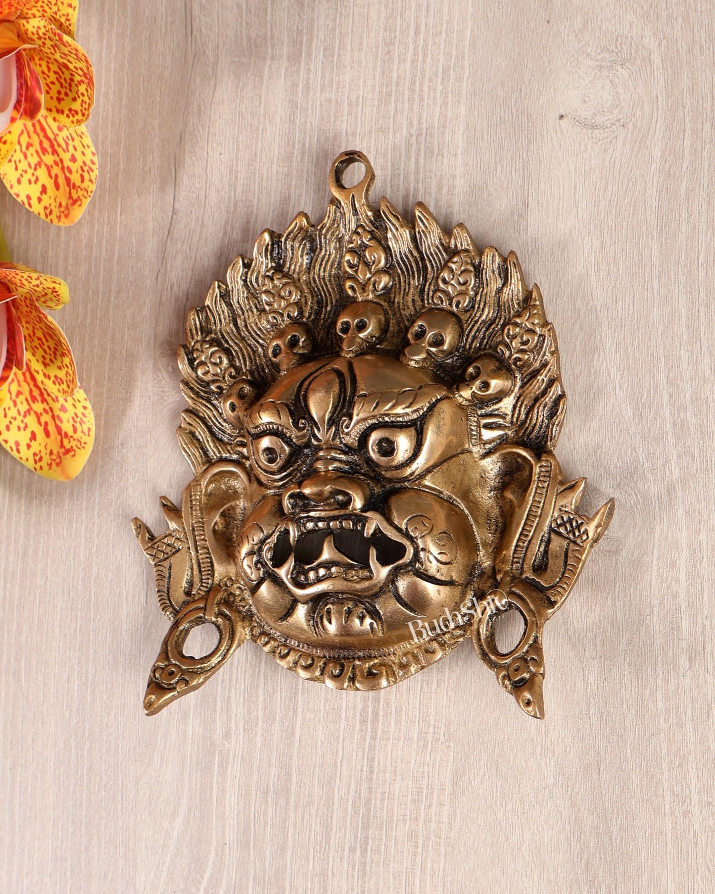 Brass Buddhist Mahakal Face Wall Hanging – Protective Tibetan Decor Mask (6.5 Inches) - Budhshiv.com