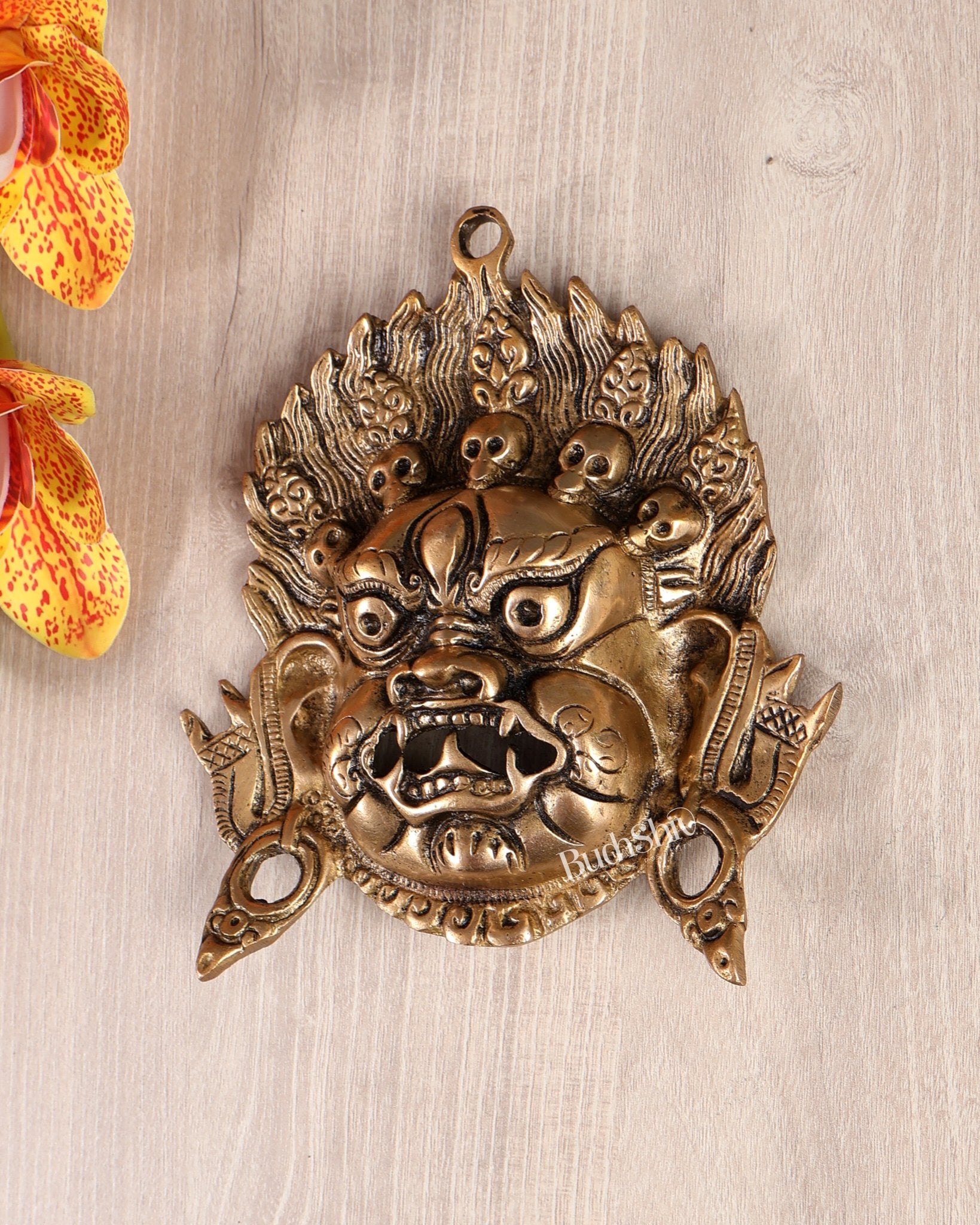 Brass Buddhist Mahakal Face Wall Hanging – Protective Tibetan Decor Mask (6.5 Inches) - Budhshiv.com