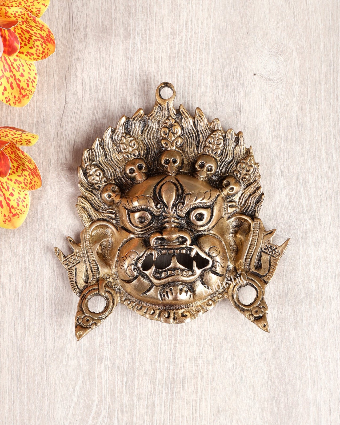 Brass Buddhist Mahakal Face Wall Hanging – Protective Tibetan Decor Mask (6.5 Inches) - Budhshiv.com