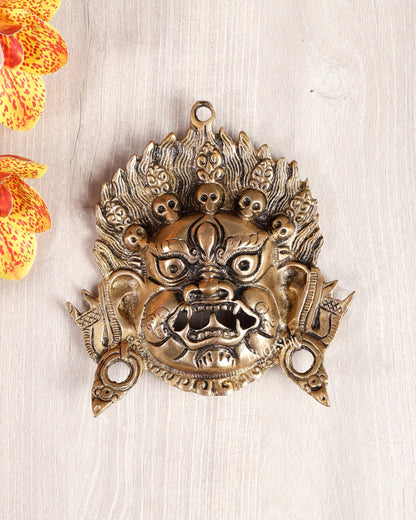 Brass Buddhist Mahakal Face Wall Hanging – Protective Tibetan Decor Mask (6.5 Inches) - Budhshiv.com