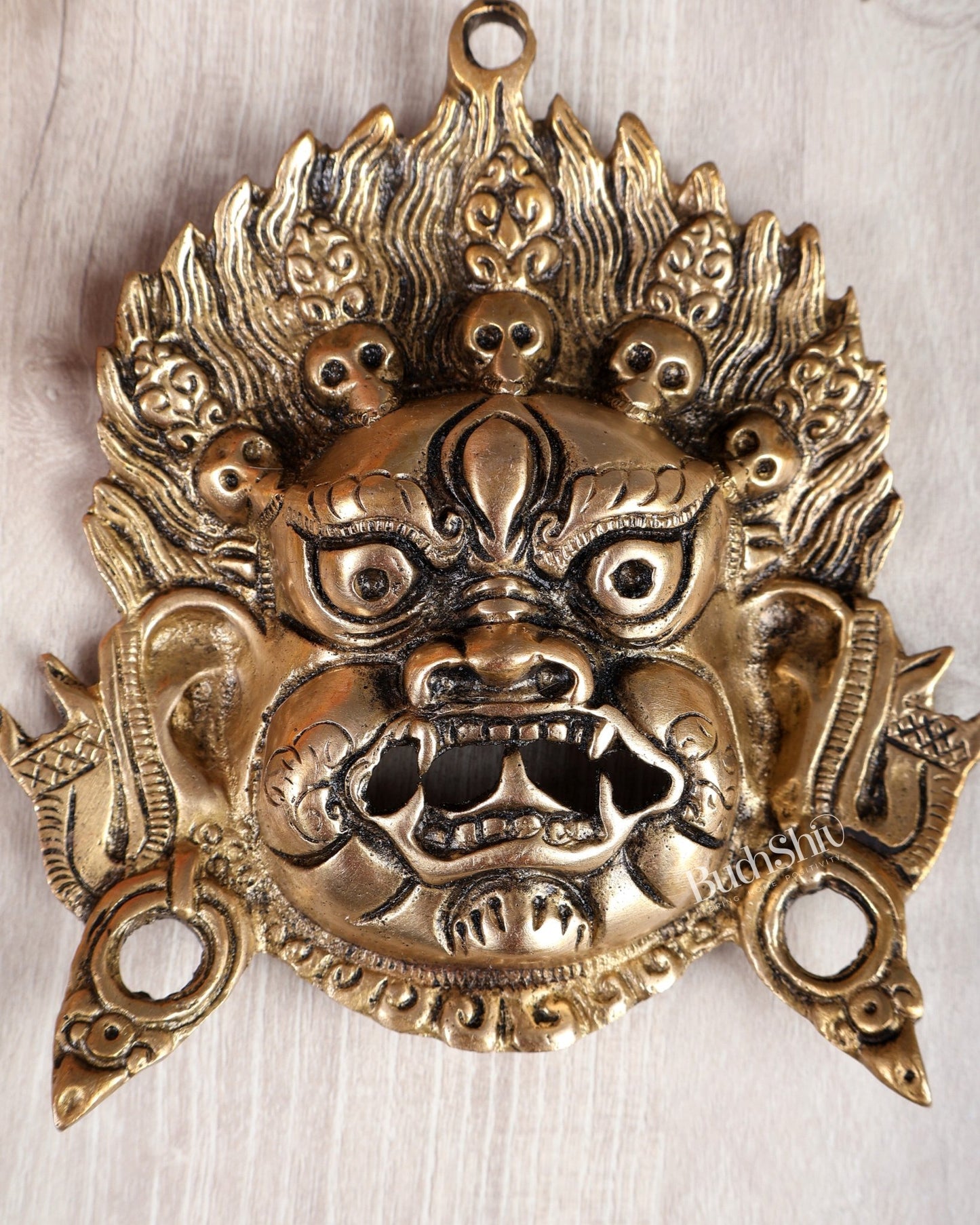 Brass Buddhist Mahakal Face Wall Hanging – Protective Tibetan Decor Mask (6.5 Inches) - Budhshiv.com