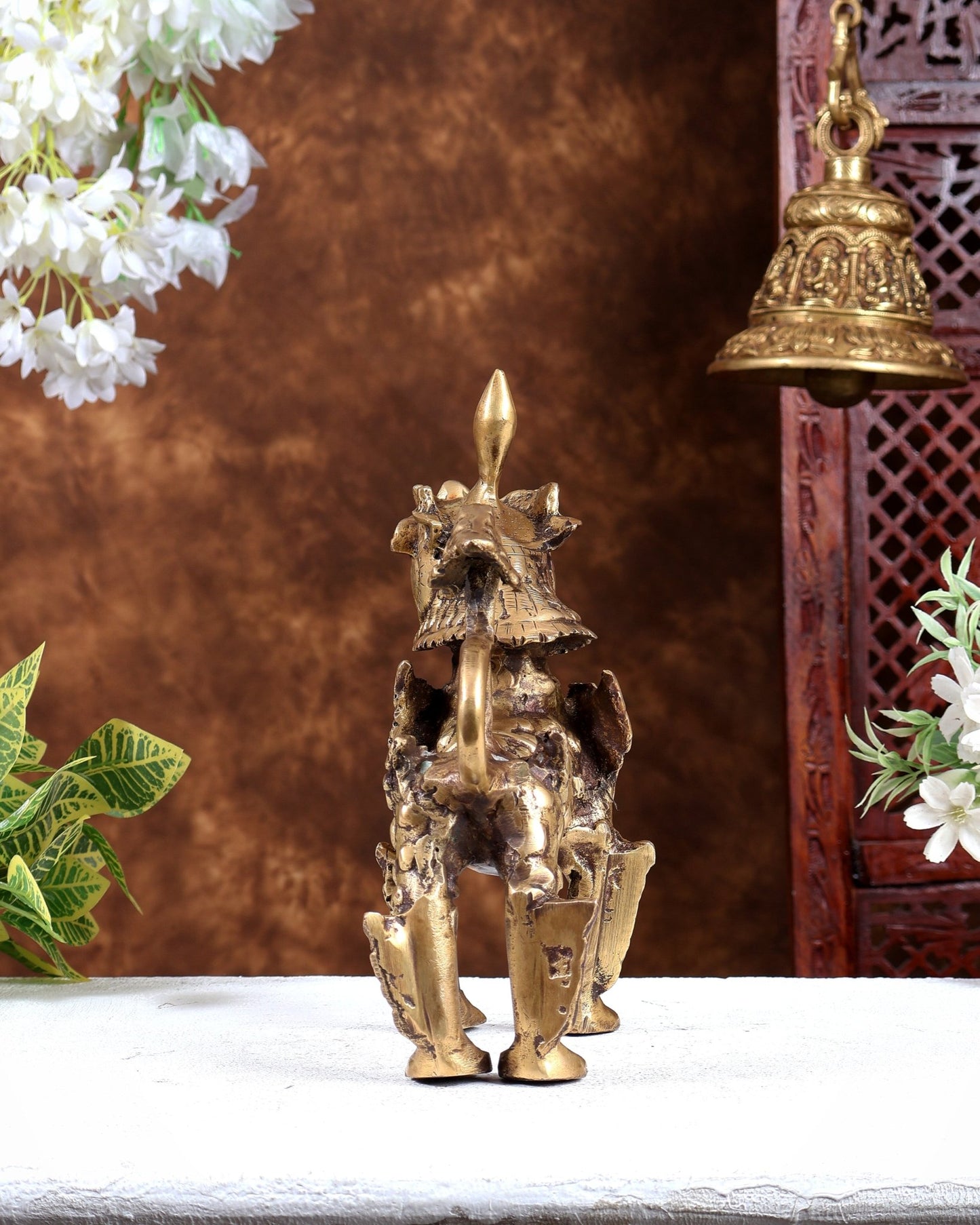 Brass Buddhist Tibetan temple snow lion 11" burnt brass tone - Budhshiv.com