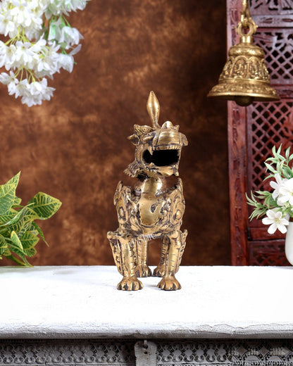 Brass Buddhist Tibetan temple snow lion 11" burnt brass tone - Budhshiv.com