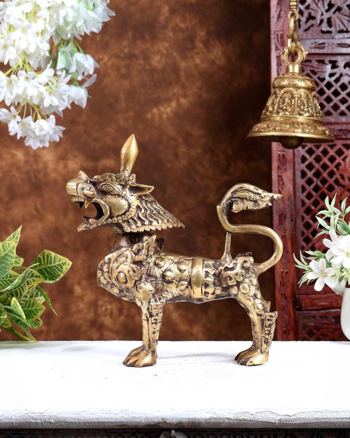 Brass Buddhist Tibetan temple snow lion 11" burnt brass tone - Budhshiv.com