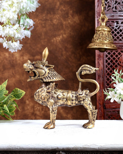 Brass Buddhist Tibetan temple snow lion 11" burnt brass tone - Budhshiv.com