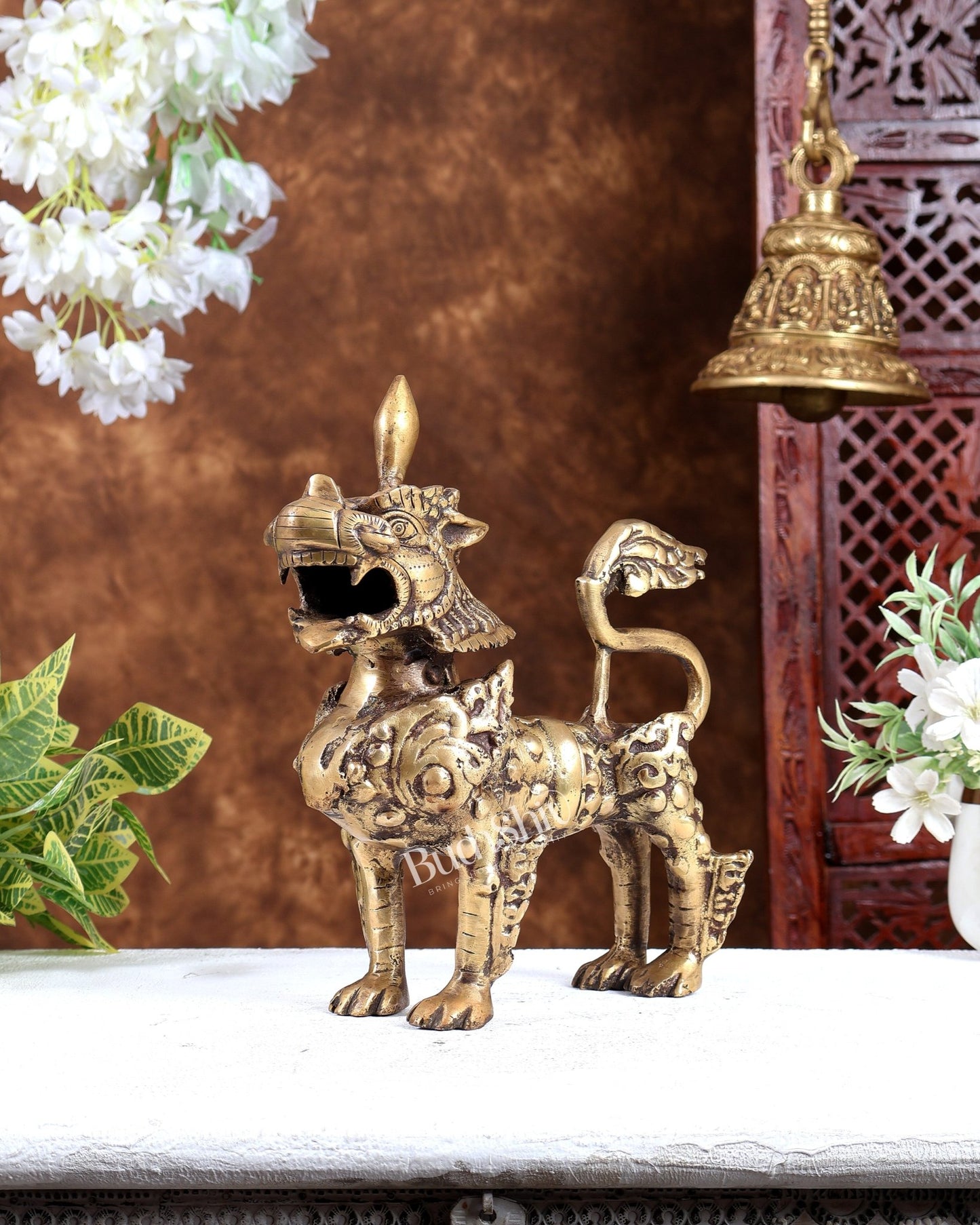 Brass Buddhist Tibetan temple snow lion 11" burnt brass tone - Budhshiv.com