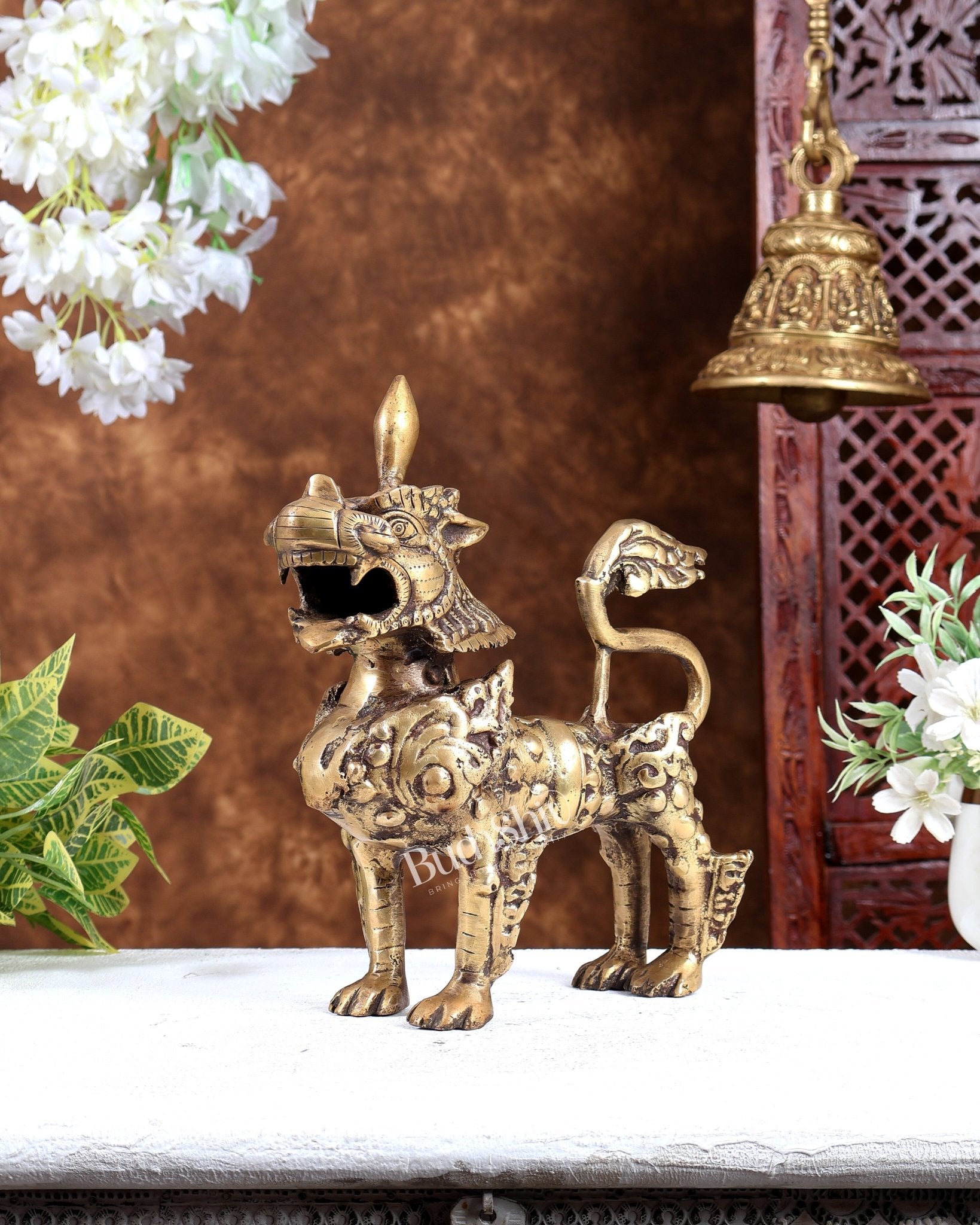 Brass Buddhist Tibetan temple snow lion 11" burnt brass tone - Budhshiv.com