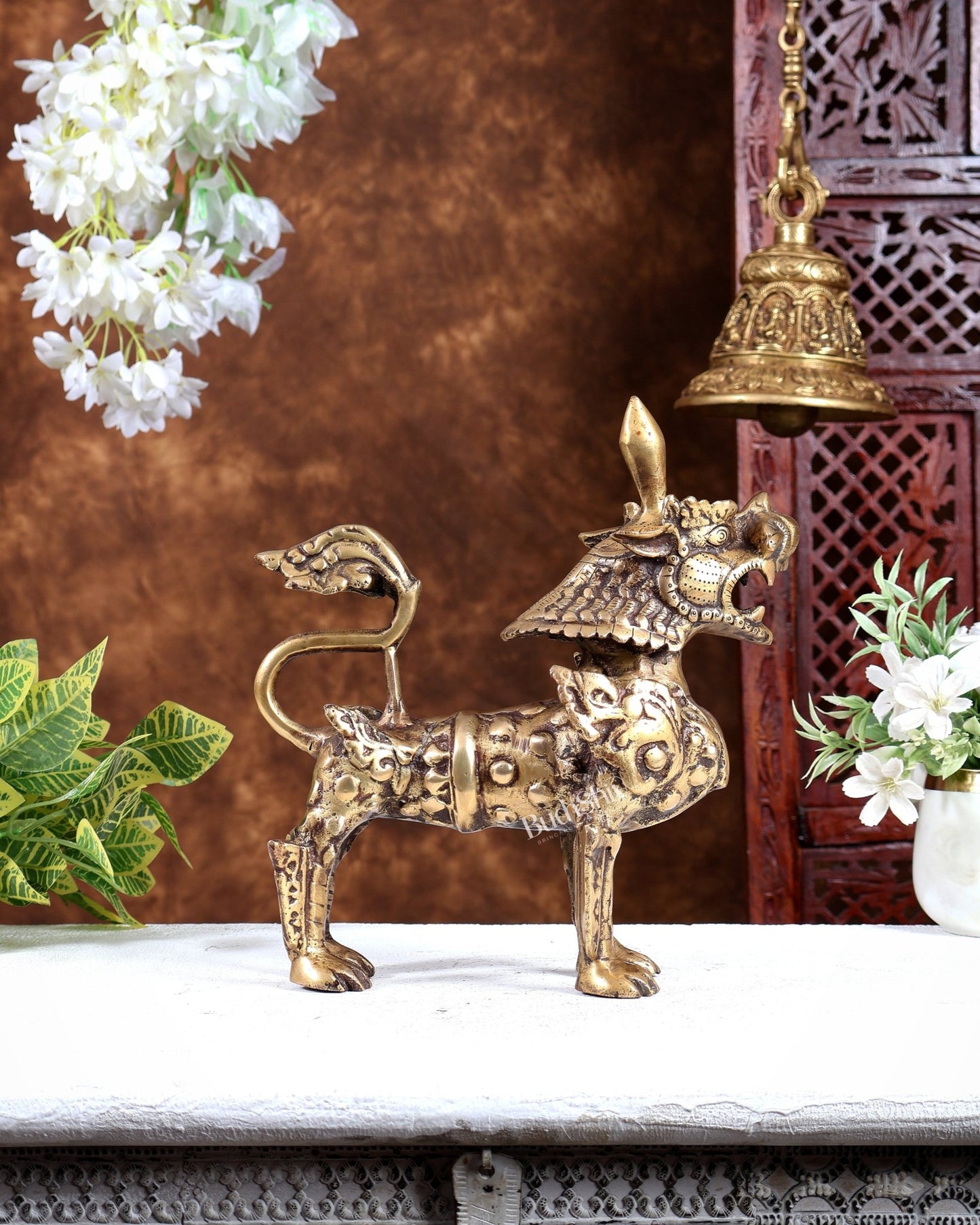 Brass Buddhist Tibetan temple snow lion 11" burnt brass tone - Budhshiv.com