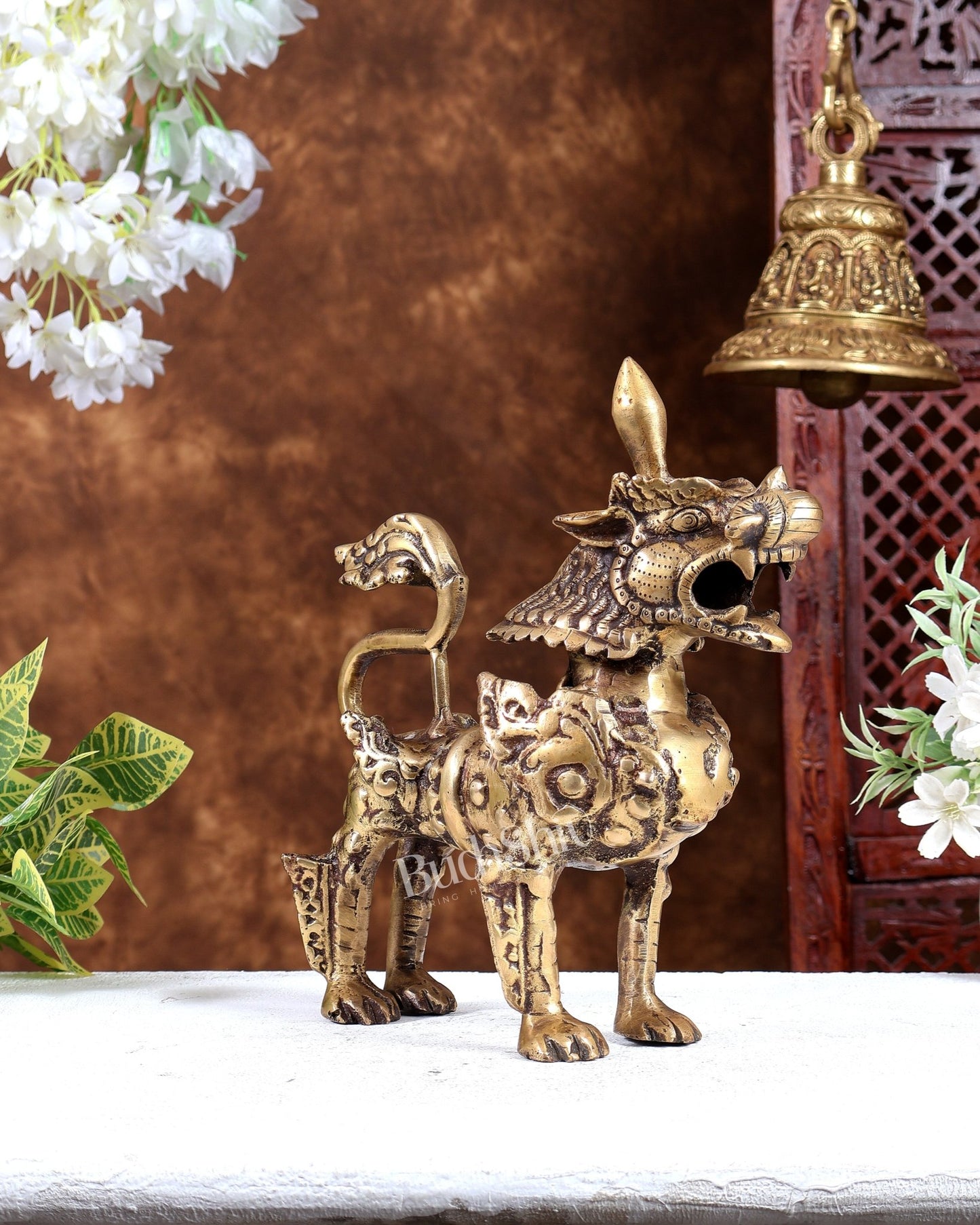 Brass Buddhist Tibetan temple snow lion 11" burnt brass tone - Budhshiv.com