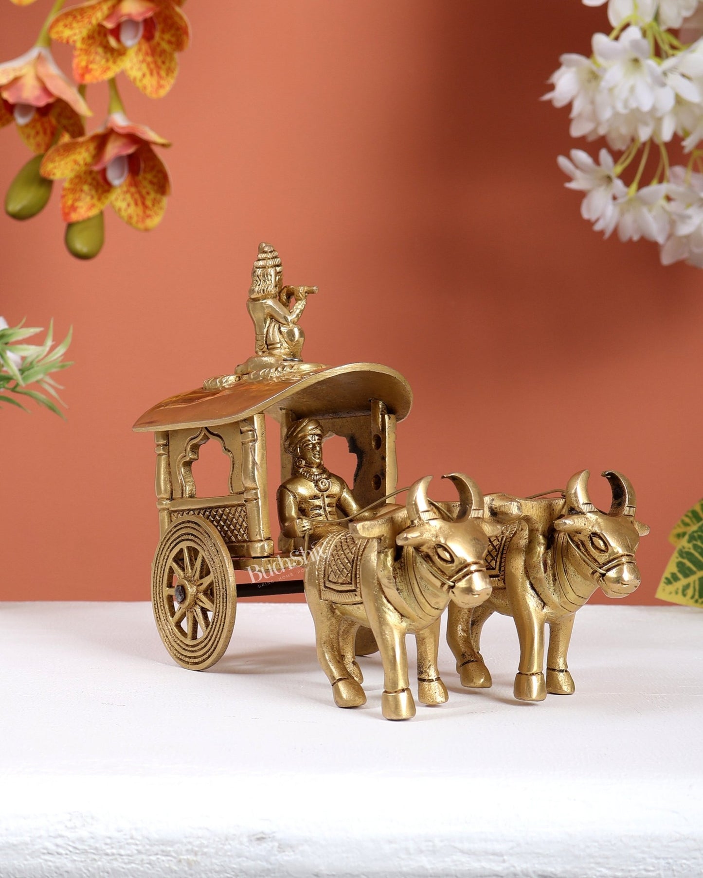 Brass Bullock Cart with Rider & Krishna Playing Flute – Traditional Decorative Showpiece - Budhshiv.com
