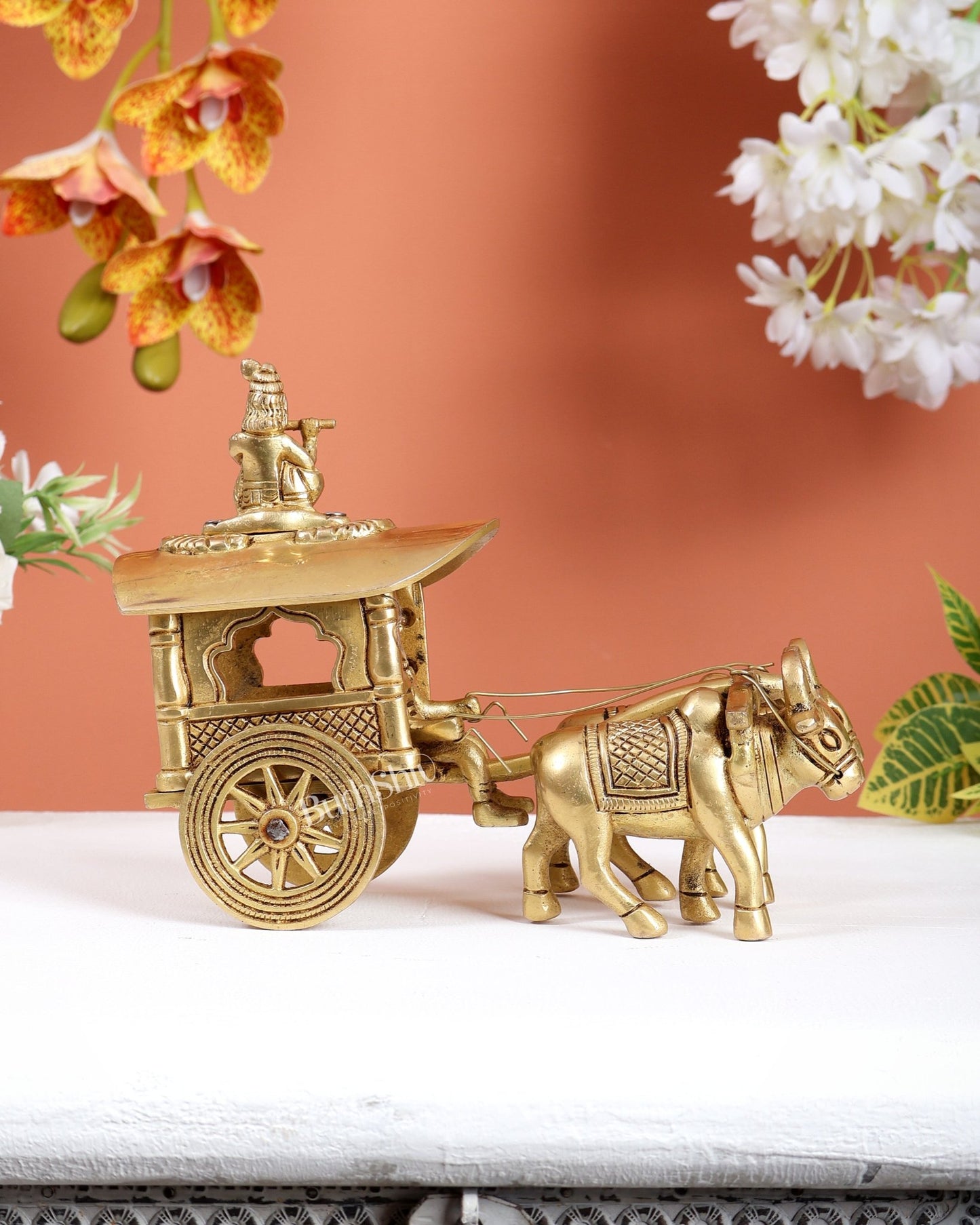 Brass Bullock Cart with Rider & Krishna Playing Flute – Traditional Decorative Showpiece - Budhshiv.com