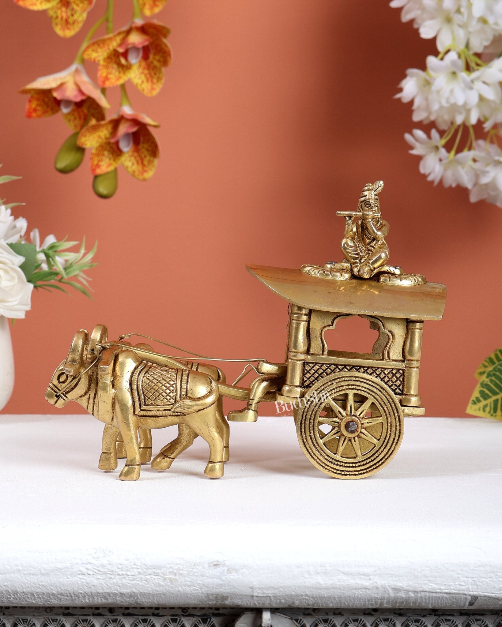 Brass Bullock Cart with Rider & Krishna Playing Flute – Traditional Decorative Showpiece - Budhshiv.com
