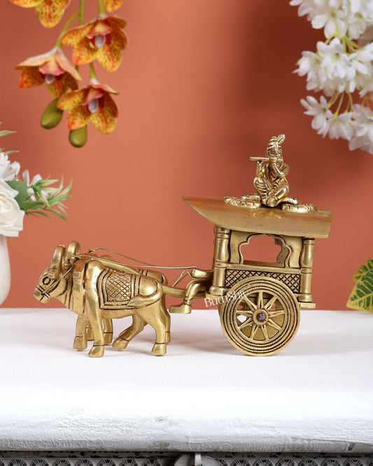 Brass Bullock Cart with Rider & Krishna Playing Flute – Traditional Decorative Showpiece - Budhshiv.com