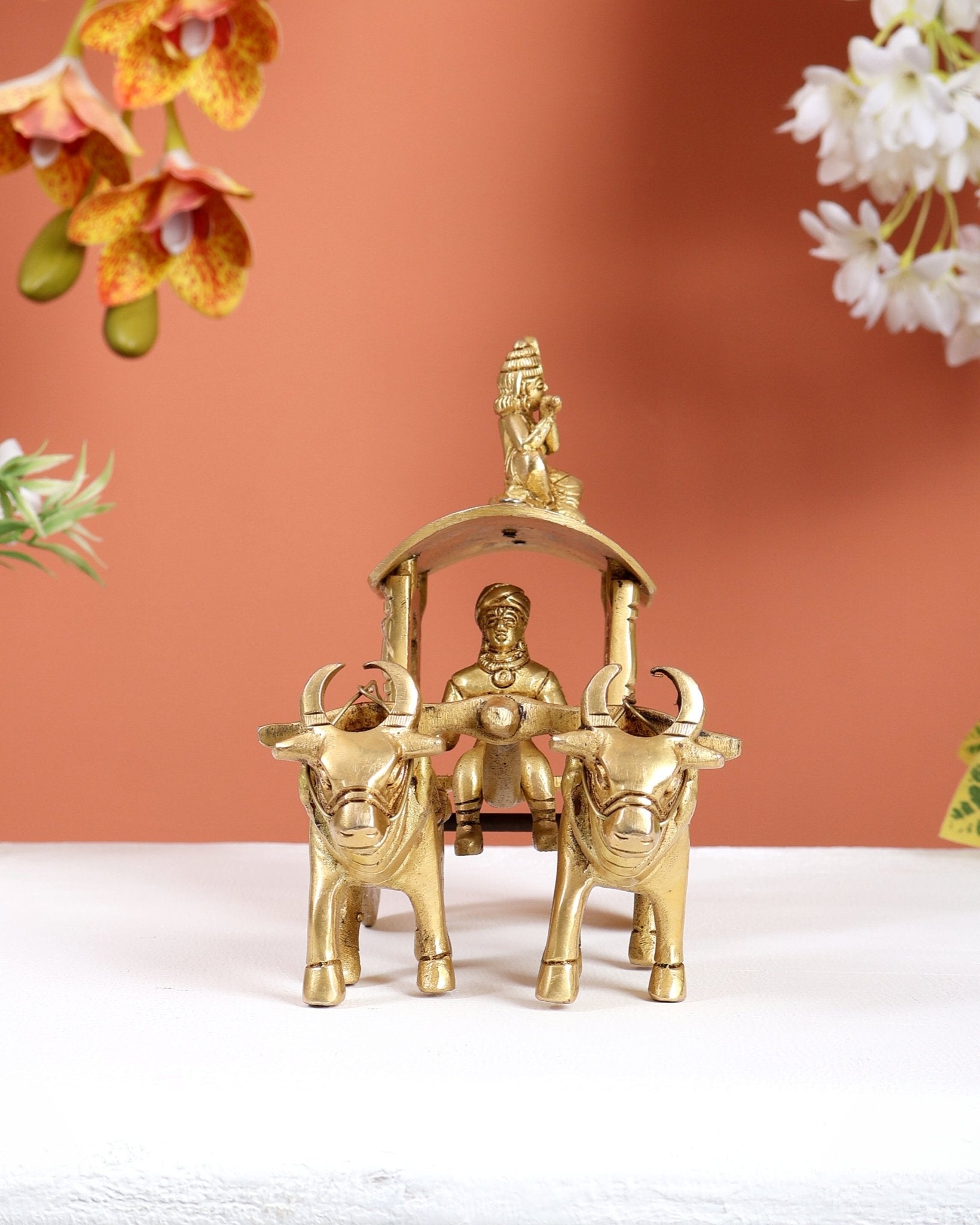 Brass Bullock Cart with Rider & Krishna Playing Flute – Traditional Decorative Showpiece - Budhshiv.com