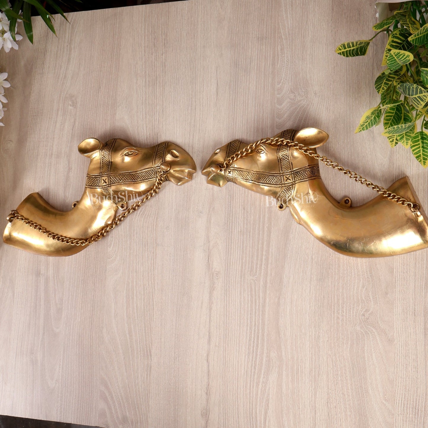 Brass Camel Face Wall Hanging Pair – Traditional Antique Artefact Décor 8x30" - Budhshiv.com