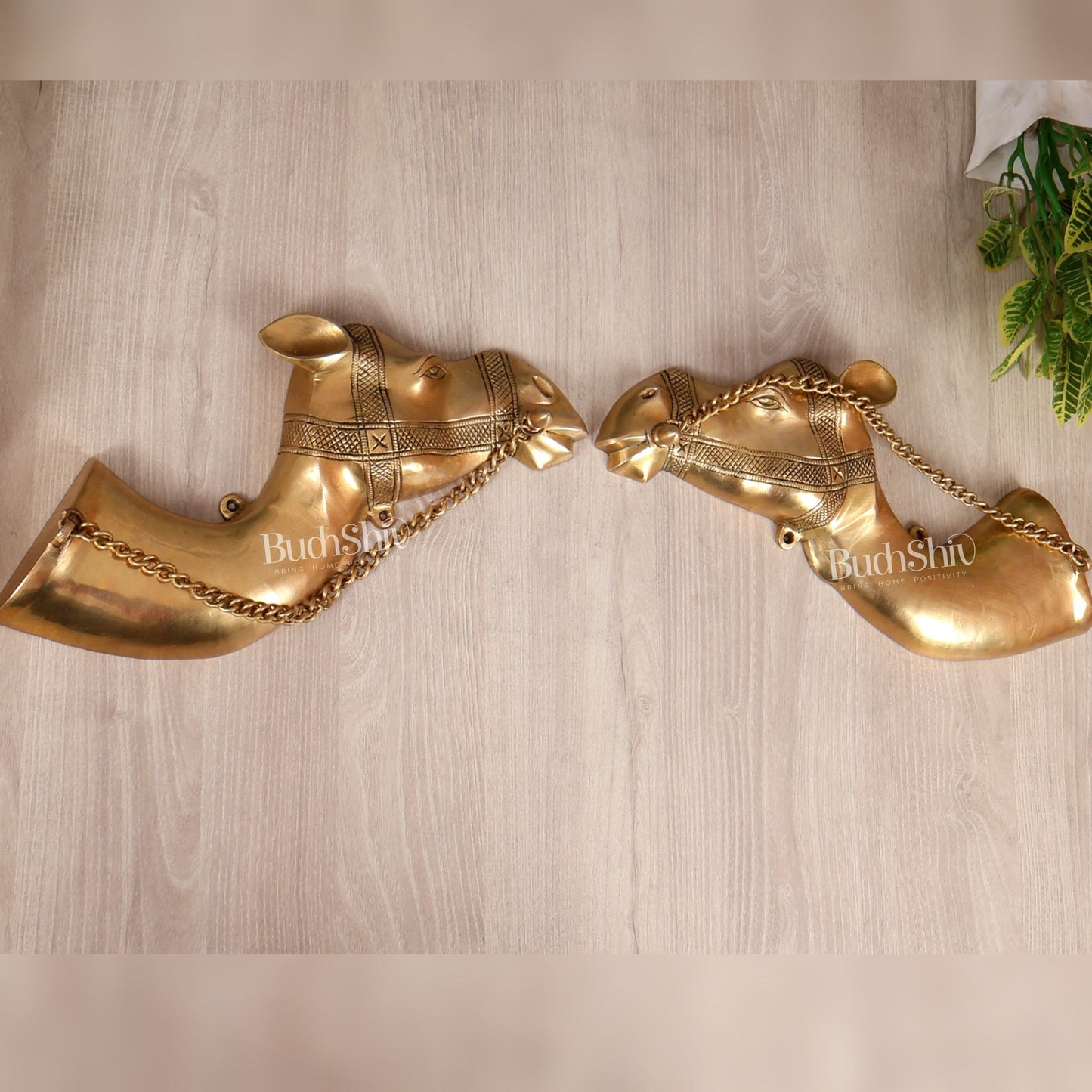 Brass Camel Face Wall Hanging Pair – Traditional Antique Artefact Décor 8x30" - Budhshiv.com