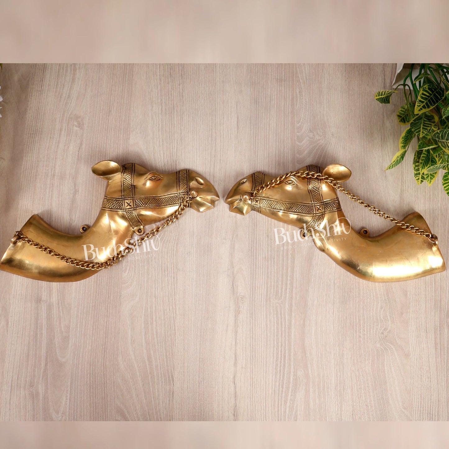 Brass Camel Face Wall Hanging Pair – Traditional Antique Artefact Décor 8x30" - Budhshiv.com