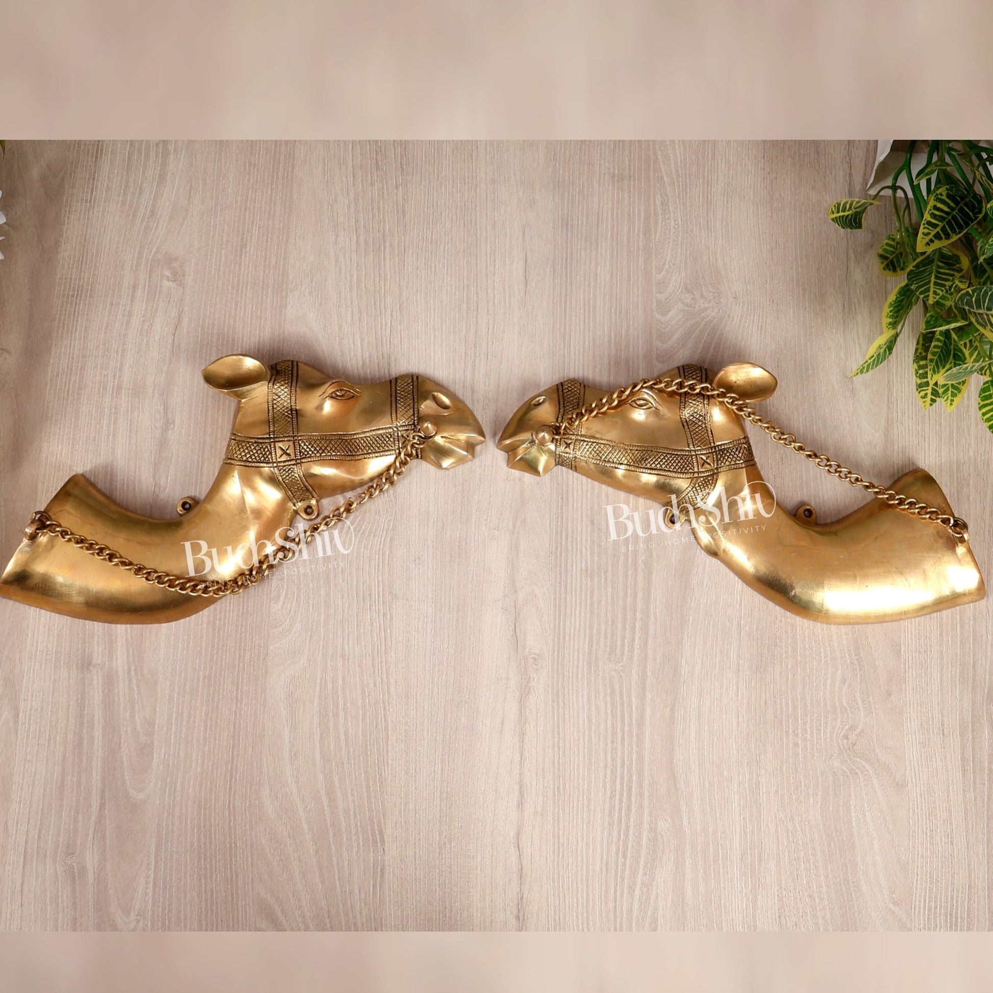 Brass Camel Face Wall Hanging Pair – Traditional Antique Artefact Décor 8x30" - Budhshiv.com