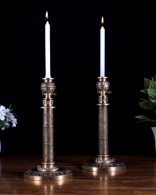 Brass Candle Stand with Intricate Carvings | Vintage Brass Finish - Budhshiv.com