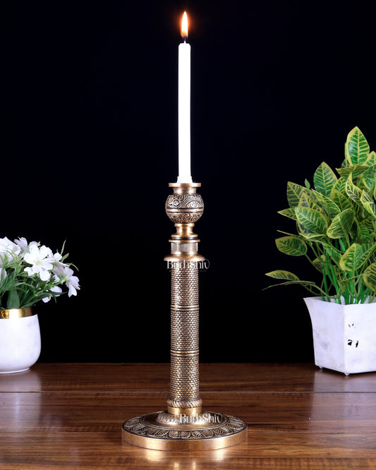 Brass Candle Stand with Intricate Carvings | Vintage Brass Finish - Budhshiv.com