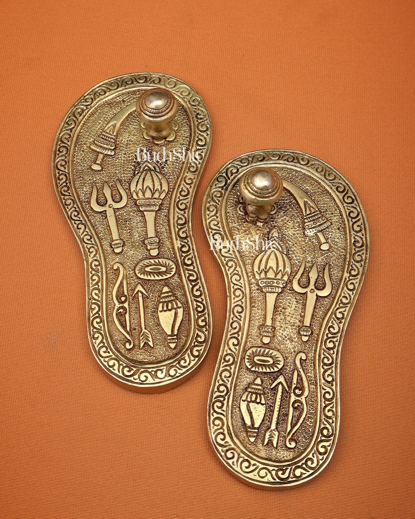 Brass Charan Paduka (Holy God’s Feet) – Kadau Design 6" - Budhshiv.com