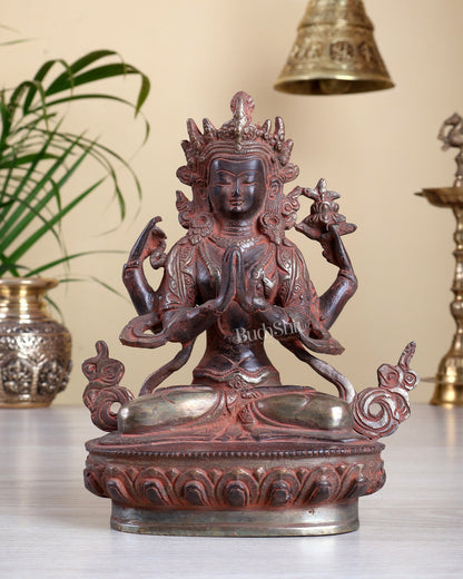 Brass Chenrezig Lokeshwar Statue – 4 Armed Bodhisattva of Compassion in Namaste Mudra | Red Silver Patina - Budhshiv.com