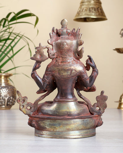 Brass Chenrezig Lokeshwar Statue – 4 Armed Bodhisattva of Compassion in Namaste Mudra | Red Silver Patina - Budhshiv.com