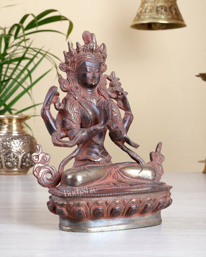 Brass Chenrezig Lokeshwar Statue – 4 Armed Bodhisattva of Compassion in Namaste Mudra | Red Silver Patina - Budhshiv.com