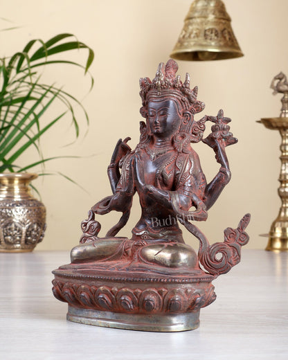 Brass Chenrezig Lokeshwar Statue – 4 Armed Bodhisattva of Compassion in Namaste Mudra | Red Silver Patina - Budhshiv.com