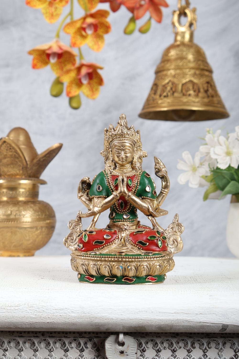 Brass Chenrezig Statue with Meenakari Work – Handcrafted Bodhisattva of Compassion 6 inch - Budhshiv.com