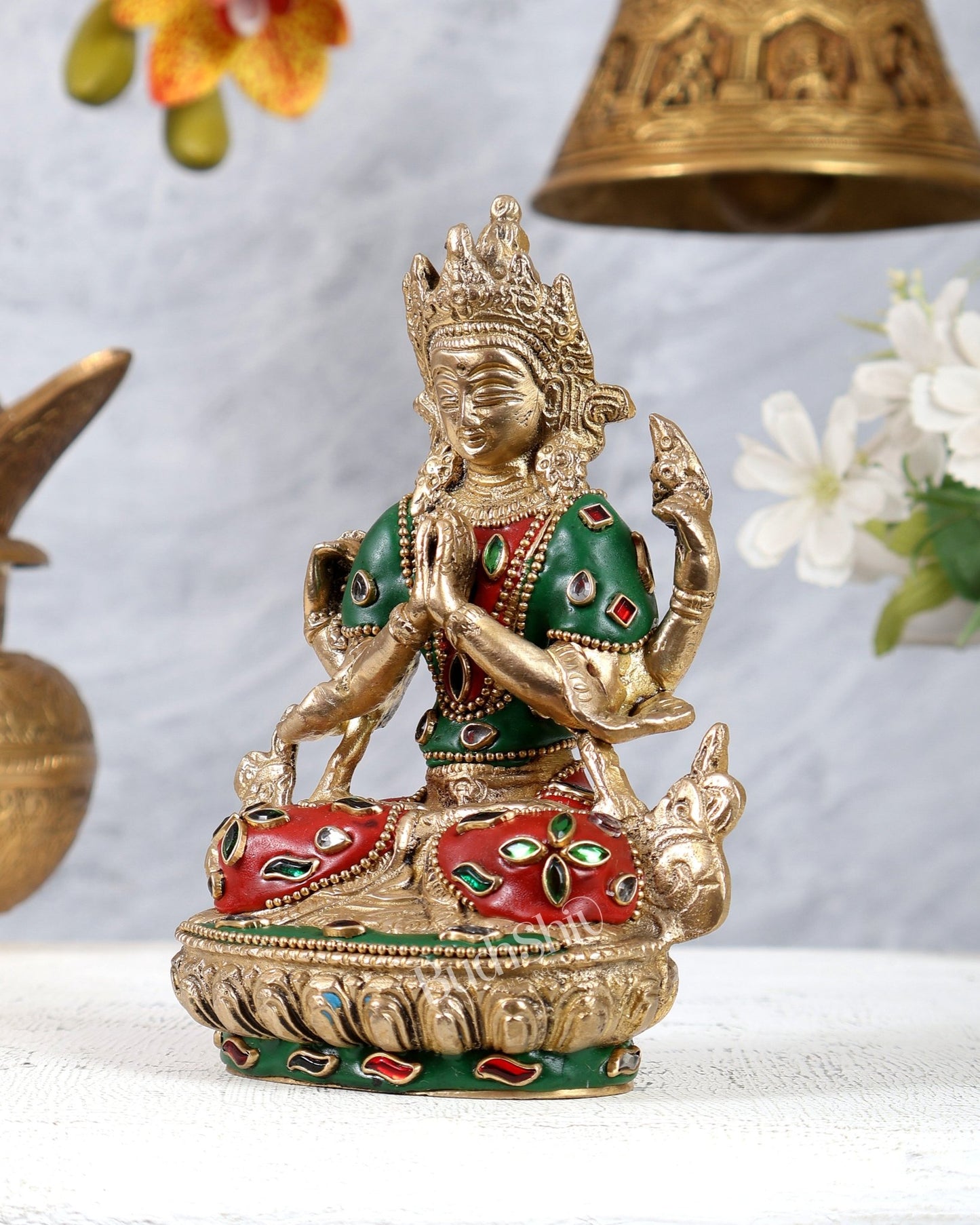 Brass Chenrezig Statue with Meenakari Work – Handcrafted Bodhisattva of Compassion 6 inch - Budhshiv.com
