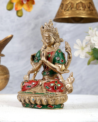 Brass Chenrezig Statue with Meenakari Work – Handcrafted Bodhisattva of Compassion 6 inch - Budhshiv.com