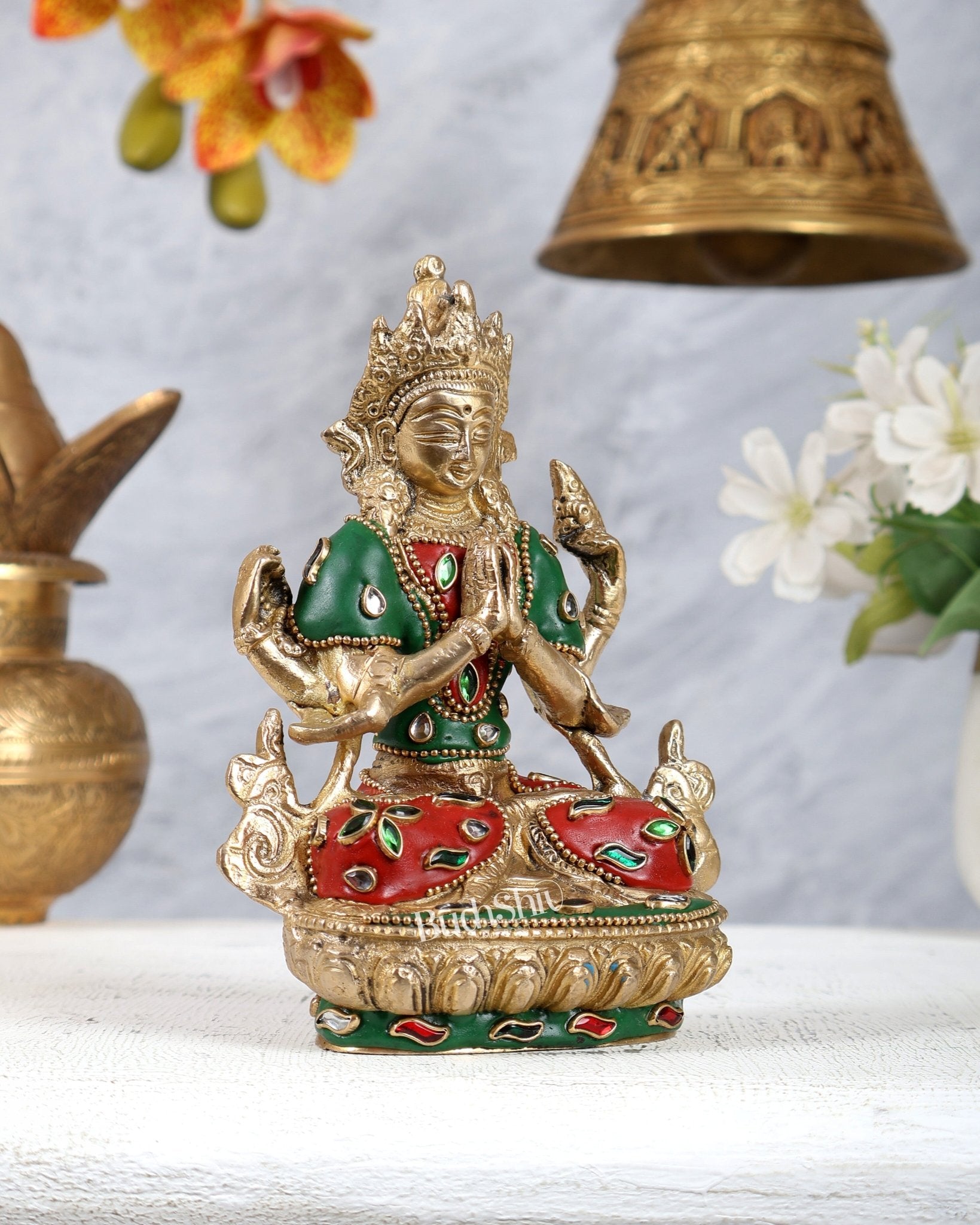 Brass Chenrezig Statue with Meenakari Work – Handcrafted Bodhisattva of Compassion 6 inch - Budhshiv.com