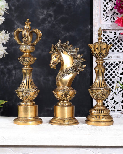 Brass Chess King, Queen & Knight — Decorative Showpiece Set 13 inch - Budhshiv.com