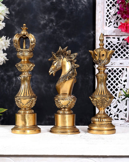 Brass Chess King, Queen & Knight — Decorative Showpiece Set 13 inch - Budhshiv.com